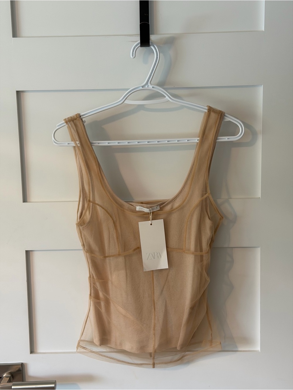 Zara Beige Sheer Mesh Scoop Neck Tank